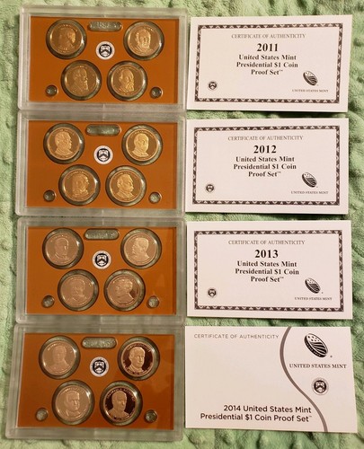2011 2012 2013 2014 Proof Presidential Dollar Coin Sets with Boxes and COA #160