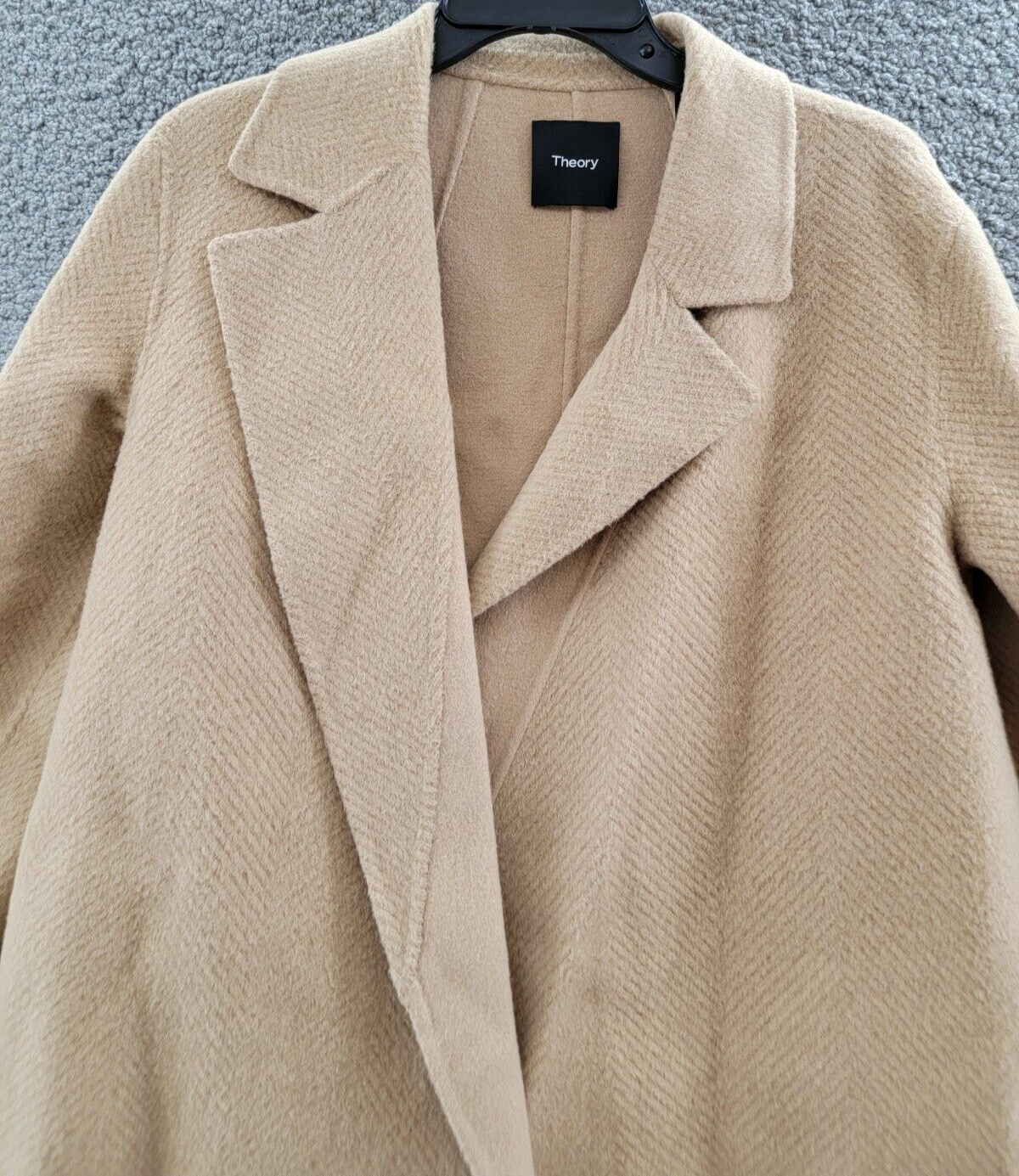 Pre-owned Theory Clairene Chevron Wool Coat Women's L Palomino Open Front Long Sleeve