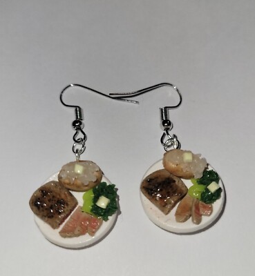 Steak and Baked Potato Earrings Silver Wire Meat Charms 