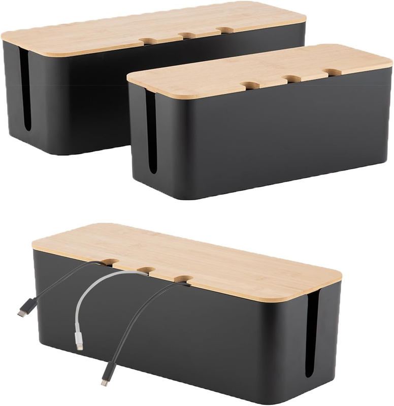 Set Two of Bamboo Cover Cable Management Box, Large Storage Tidy,Wires Keeper Ho