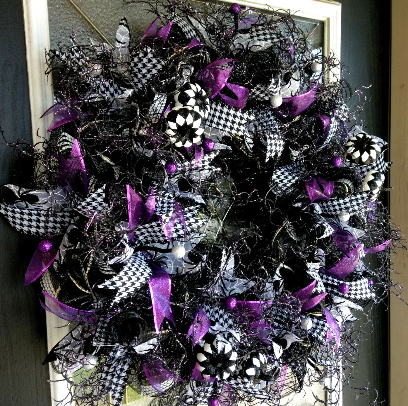 Stunning Purple Black White Halloween Deco Mesh Front Door Wreath, Home Decor