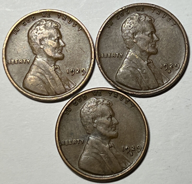 Set of 3 VF+ 1929 P D S Lincoln Wheat Cent All Three Mints -Buy More, Save More!
