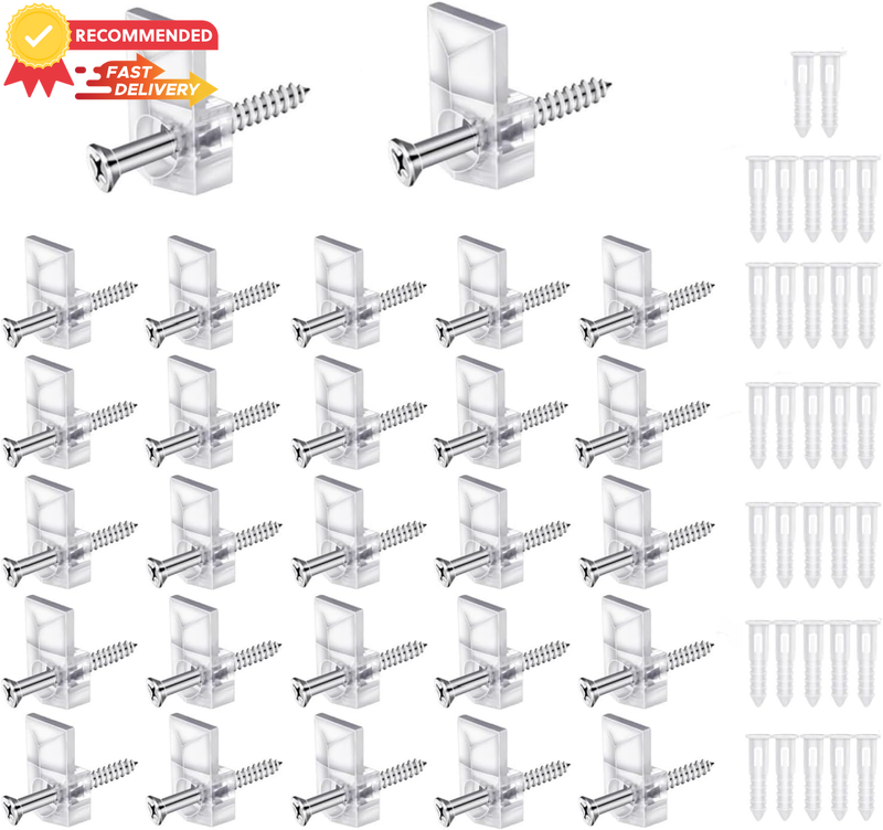 32-Pack Mirror Clips, Clear Plastic Holders with Screws & Anchors, Wall Mount
