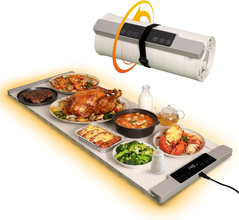Warming Mat for Food Extra Large 35.4”X13.4” 7 Temperature Settings Silicone Food Warming Mat Roll up Food Warmer with Full Surface Heating Warming Pad Electric Warming Tray for Buffets Party Home