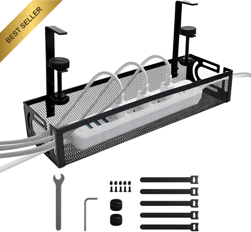 Under Desk Cable Management Tray No Drill, Metal Mesh with Clamp Mount, 2 Hole W