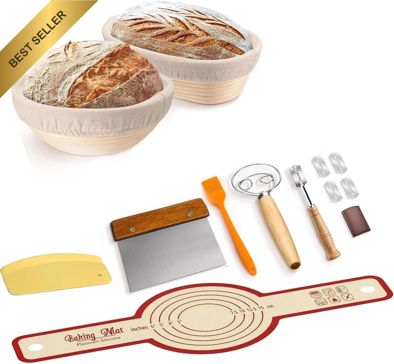 Complete Sourdough Baking Kit Oval Proofing Baskets Sling Whisk Scraper Bag Brus