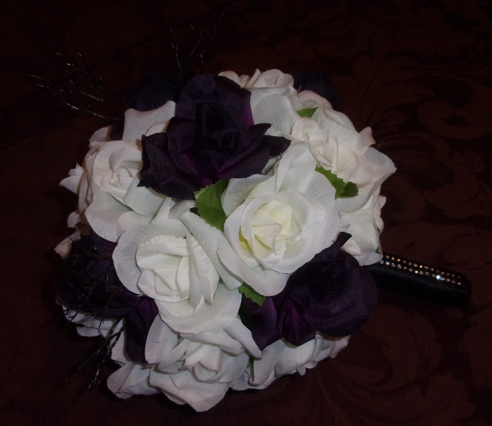 Wedding Bouquet Deep purple, white roses, satin handle with silver crystal