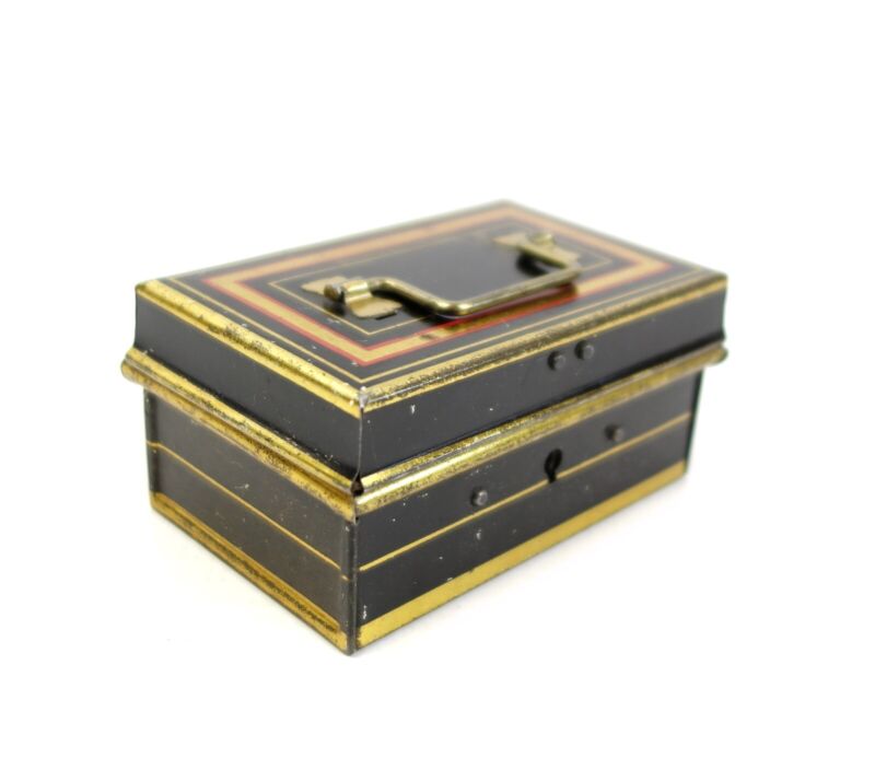Small Antique English Made Tin Black and Gold Safe Lock Box No Key