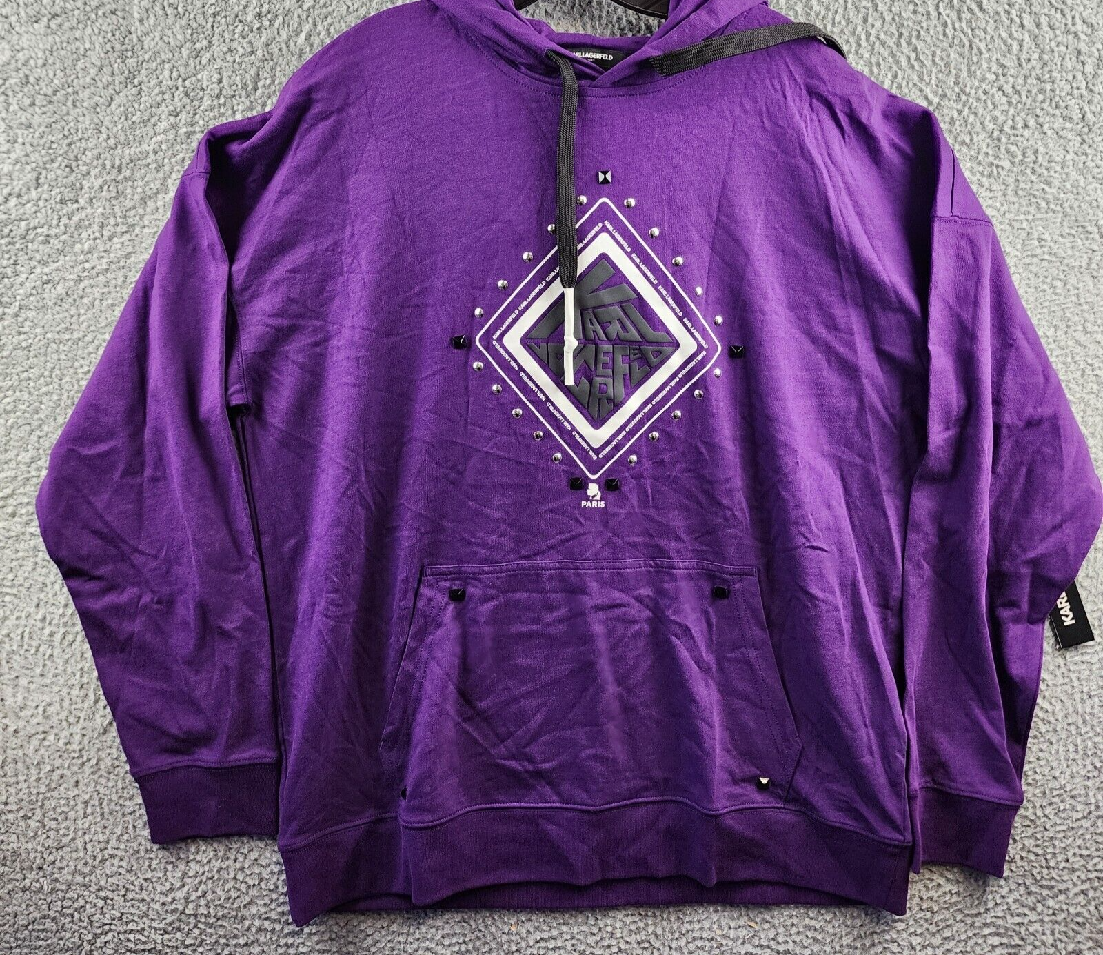 Karl Lagerfeld Paris Studded Diamond-Shaped Logo Hoodie Men's L Purple Pullover - Picture 2 of 15