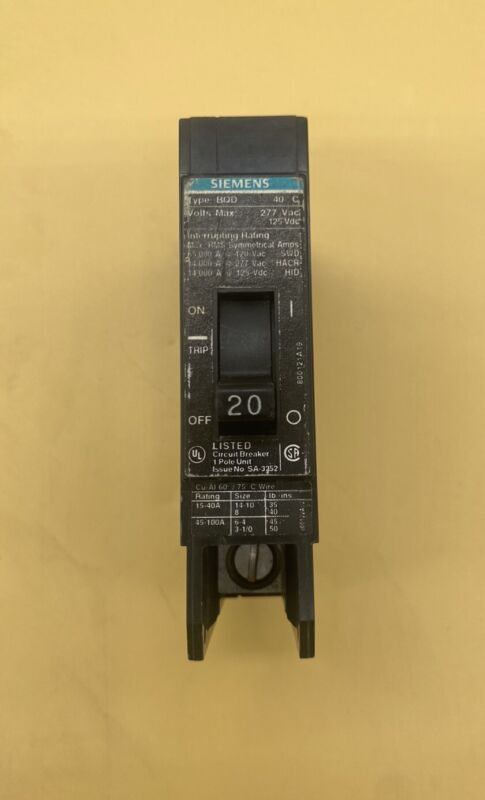 New Take Out Siemens Bqd120 Circuit Breaker Single Pole 20 Amp - Qty Available