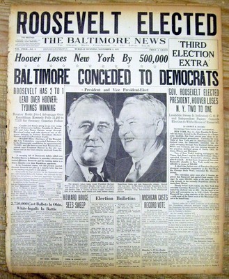 <1932 BALTIMORE MD newspaper DEMOCRAT FRANKLIN ROOSEVELT ELECTED U.S. PRESIDENT
