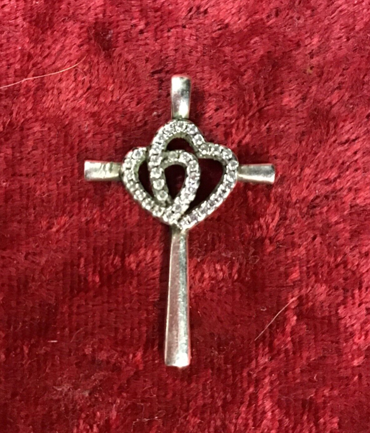STERLING SILVER CROSS PENDANT WITH DOUBLE HEARTS; CZ ACCENTS