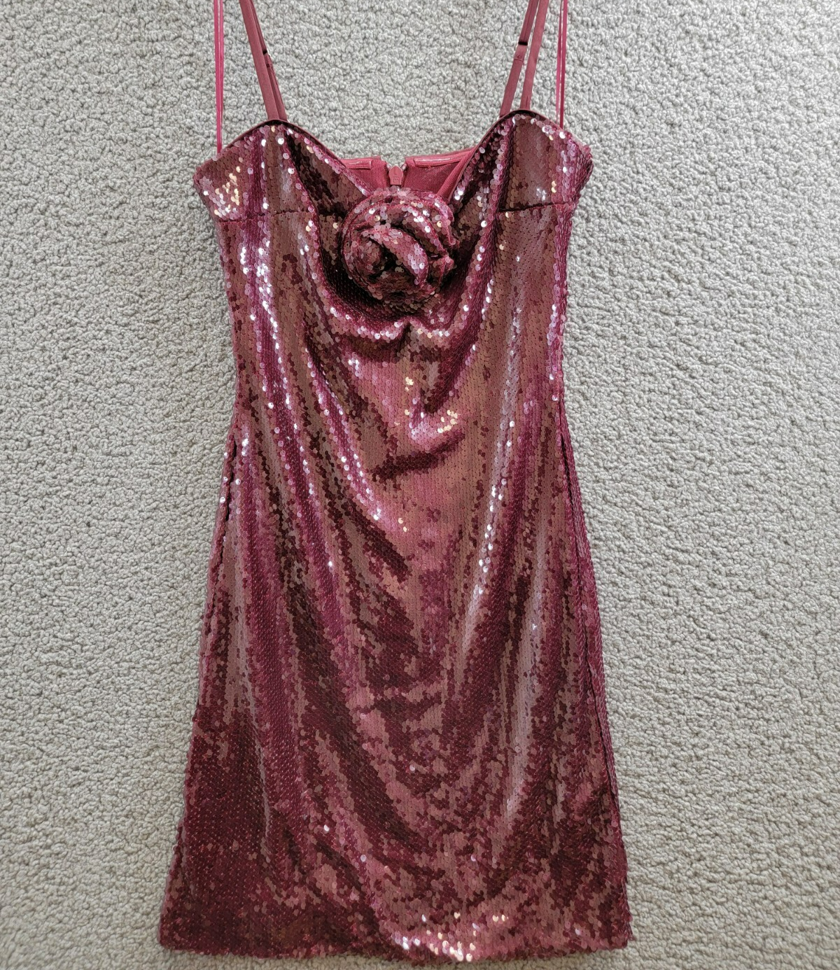 FRENCH CONNECTION Beatrice Sequin Mini Dress Women's 2 Burgundy Red Back Zip - Picture 2 of 16