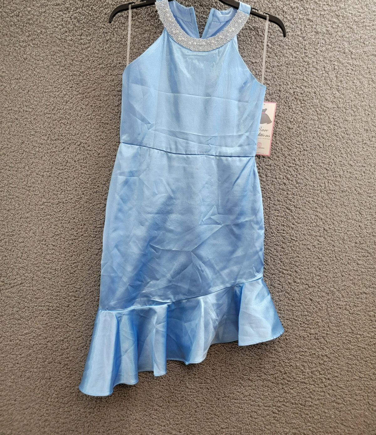 Rare Editions Sleeveless Imitation Pearl Halter Dress Big Girls 16 Blue Back Zip - Picture 2 of 16