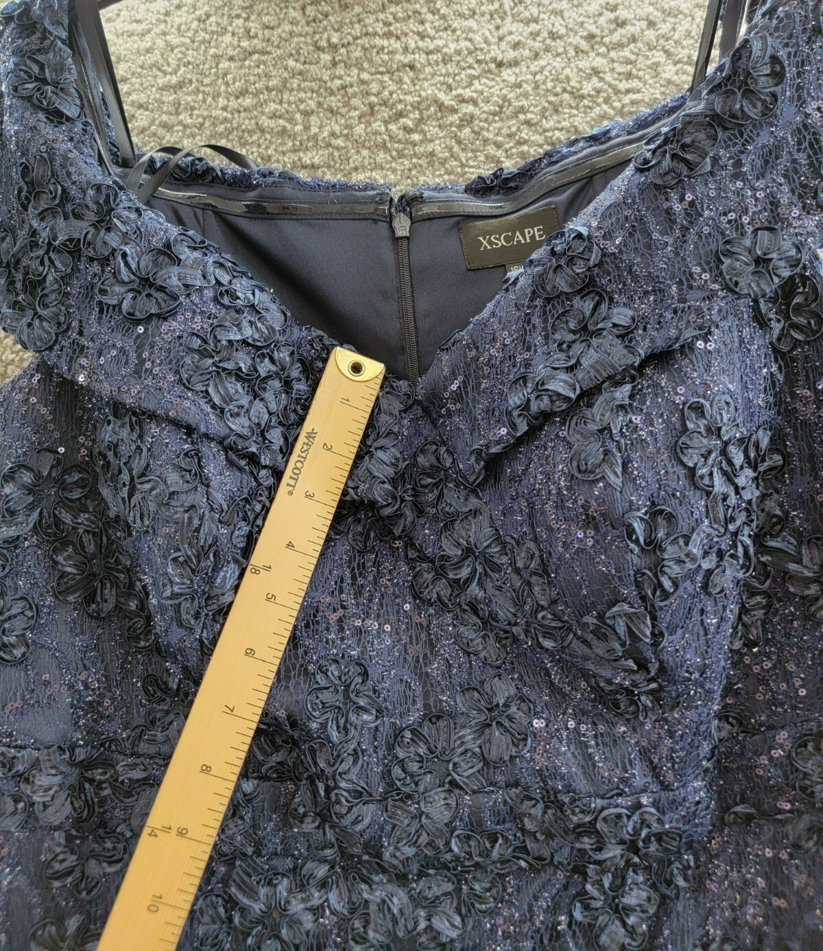 Xscape Plus Size Off Shoulder Embroidered Lace Dress Women's 16W Navy Back Zip - Picture 9 of 21