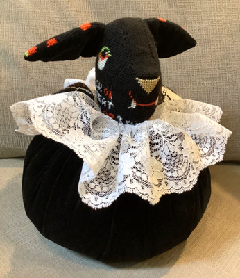 Completed Handmade Needlepoint & Velvet Halloween Fancy Stuffed Bat Shelf Sitter