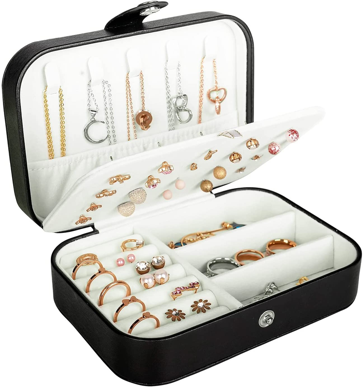PU Leather Travel Jewelry Box - Double Layer Organizer for Women and Girls (Blac