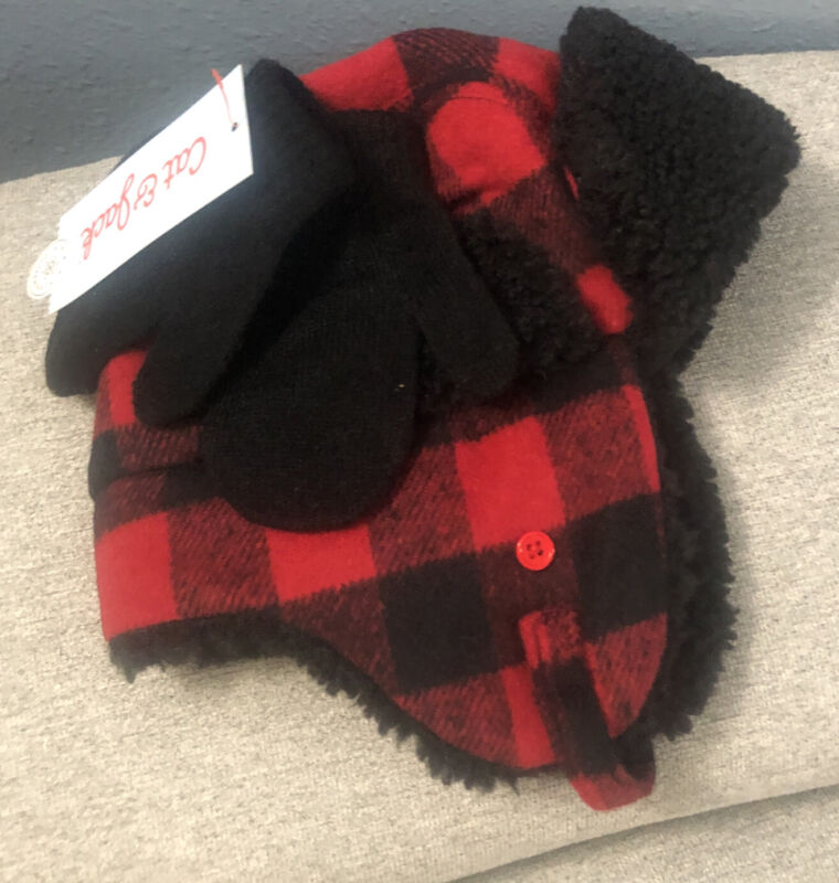 Cat & Jack Toddler Boys Black/Red Beanie And Glove Set 2-Sizes NWT
