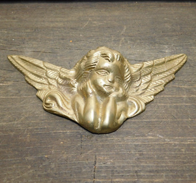 Vintage 5'' Brass Cherub Angel with Wings Small Catholic Collectible Wall Hanging