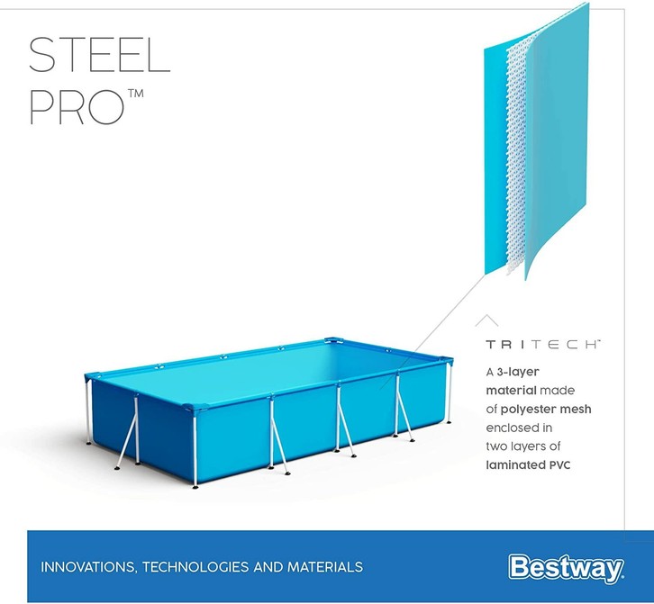 $ 10 DISPONIBLE A PARTIR DEL DÍA 9 DE JUNIO SÓLO ENVÍOS A PENÍNSULA Tamaño: 400 x 211 x 81 cm Construcción de acero tubular con revestimiento de protección contra la corrosión. Detalles técnicos Peso del producto 33 Kg Dimensiones del producto 30 x 36 x 105 cm Edad mínima recomendada (por el fabricante) 18 años y más Tipo(s) de material Poliuretano Color Azul Descripción del producto Tamaño:400 x 211 x 81 cm Descripción del producto Otras características: Altura: 810 mm Altura del paquete: 1050 mm Altura interna: 73 cm Ancho: 4660 mm Ancho del paquete: 360 mm Ancho interno: 4 m Cantidad mínima del pedido: 1 pieza(s) Capacidad: 5700 L Color del producto: Azul Cuadro: Si Forma: Rectangular Instrucciones de instalación: Si Material: PVC Número de personas necesarias para la configuración: 3 personas(s) Parche de reparación incluido: Si Peso del paquete: 32,4 kg Profundidad: 2760 mm Profundidad del paquete: 300 mm Tiempo de instalación: 20 min Tipo de embalaje: Caja Volumen del paquete: 0,113 m³ Contenido de la caja (Contents: una piscina).Bestway siempre contigo Nuestro objetivo principal es tu diversión, por eso trabajamos para llevarte nuestros productos a tu jardín, patio o terraza, para que puedas disfrutar de tu tiempo libre. 56405 Piscinas Steel Pro by Bestway Te presentamos nuestra generación de piscinas sin instalación Steel Pro. Los materiales que se han usado para su construcción están diseñados especialmente para aportar durabilidad y estabilidad a nuestras piscinas. Tienen el tamaño perfecto para poder instalarlas en tu jardín o patio y disfrutarlas durante el verano sin complicaciones, ni engorrosos sistemas. Infinitas posibilidades de diversión al sol Nuestra generación de piscinas sin instalación Steel Pro Series, están diseñadas para que puedas disfrutar de las ventajas de tener en tu jardín una piscina sin tener que sufrir los inconvenientes de los modelos de obra. Puedes desmontarla cuando llegue el invierno o cuando necesites más espacio en tu jardín y montarla nuevamente cuando lo requieras. Bestway significa verano No lo dudes, hazte con una y empieza a disfrutar de los días al sol. Saca el máximo provecho a tu patio o jardín instalando una este verano. Características principales Instalación sencilla sin herramientas Fabricada en material Tritech ultra resistente Válvula de drenaje de control de flujo incorporada (con el adaptador incluido) Parche de reparación adhesivo subacuático Paredes laterales de 3 capas de PVC resistente y poliéster Marcos de metal resistente a la corrosión Tamaño: 400x211x81cm Capacidad para 5.700 litros al 90%Máxima durabilidad: Tritech ultra resistente y acero Construida en material Tritech, un material reforzado de 3 capas con un núcleo de malla de poliéster encerrado entre dos capas de material de PVC de alto calibre. Esto crea un espesor total de 0.40-0.80mm (16-32 calibre) dependiendo del tamaño de la piscina, ofreciendo fuerza y durabilidad superior. Además, incluye un marco de acero al carbono que aporta estabilidad.Sin herramientas. Fácil montaje Para el montaje o desmontaje no necesitarás herramientas, nuestro sistema de fácil ensamblaje proporciona simplicidad al proceso. Además nuestras piscinas incluyen una válvula de vaciado para desmontarla aún más fácilmente.