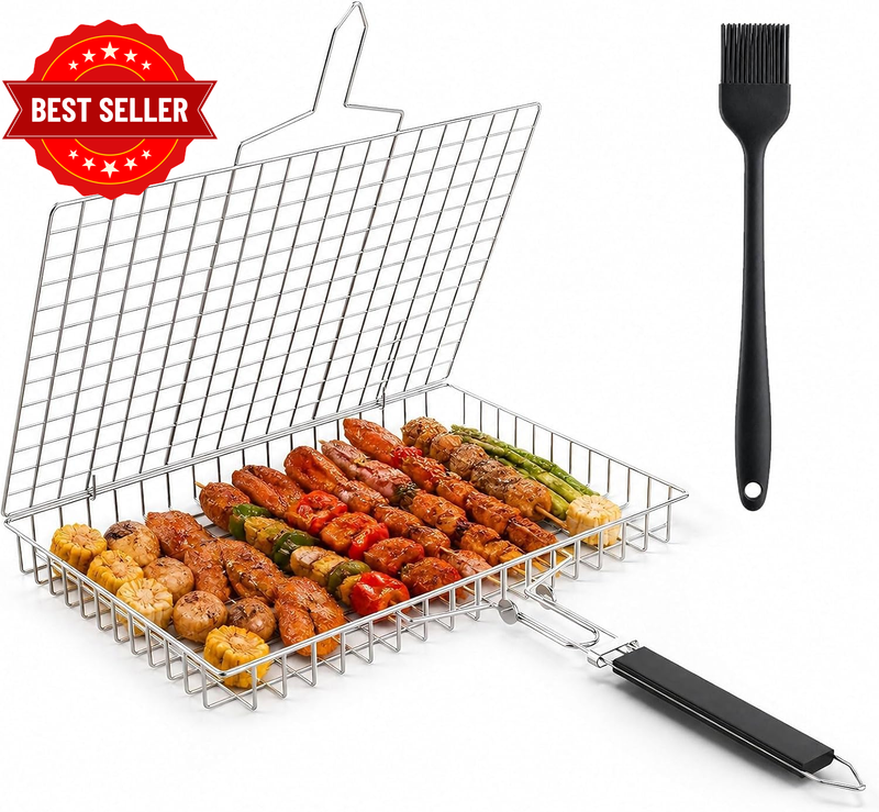 Stainless Steel Folding BBQ Grill Basket with Detachable Handle