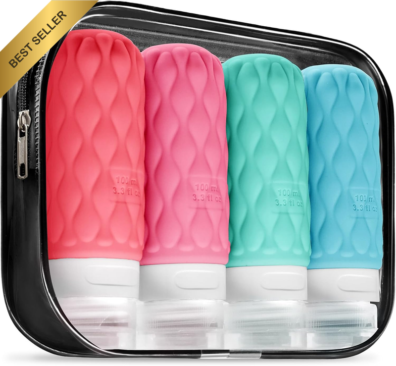 4 Pack Travel Bottles for Toiletries with Labels, 100 Ml Silicone Travel Bottles