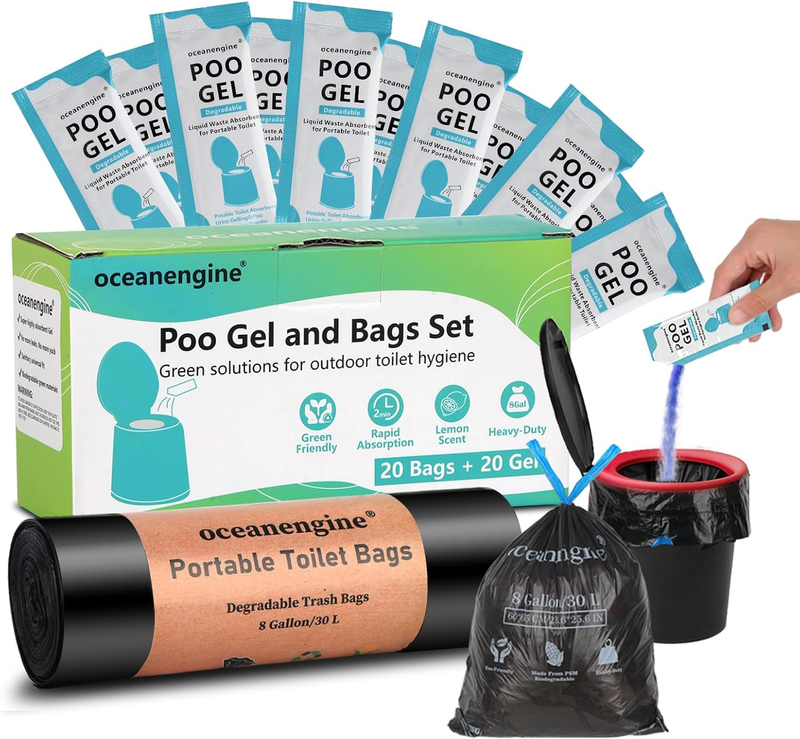 Portable Toilet Bags Poo Gel Set, 8 Gallon Camping Toilet Bags with Portable Toi