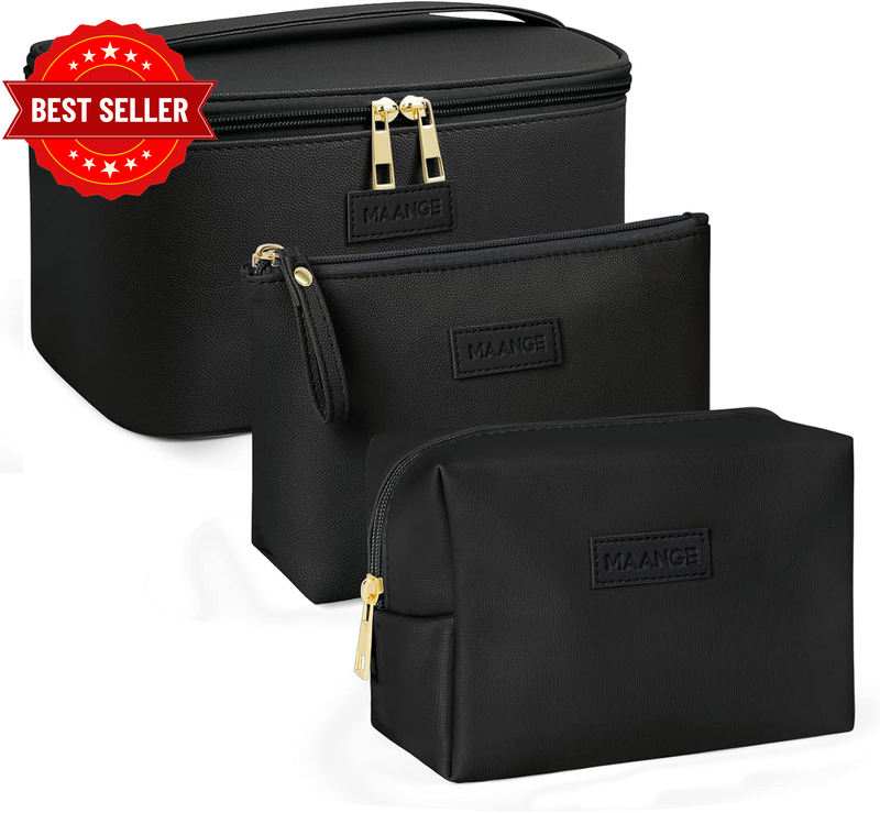 Makeup Bag - Large Cosmetic Bag with 2Pcs Small Makeup Bags Portable Leather Tra