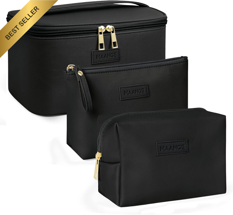 Makeup Bag - Large Cosmetic Bag with 2Pcs Small Makeup Bags Portable Leather Tra