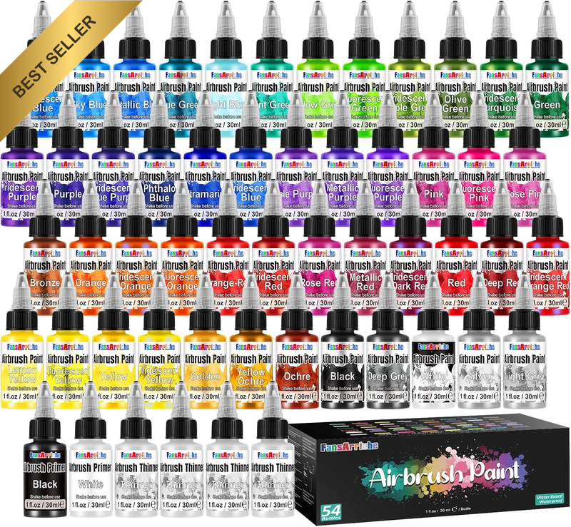 48 Color Airbrush Paint Set 30ml with 4 Thinner 2 Primer Metallic Neon Iridescen
