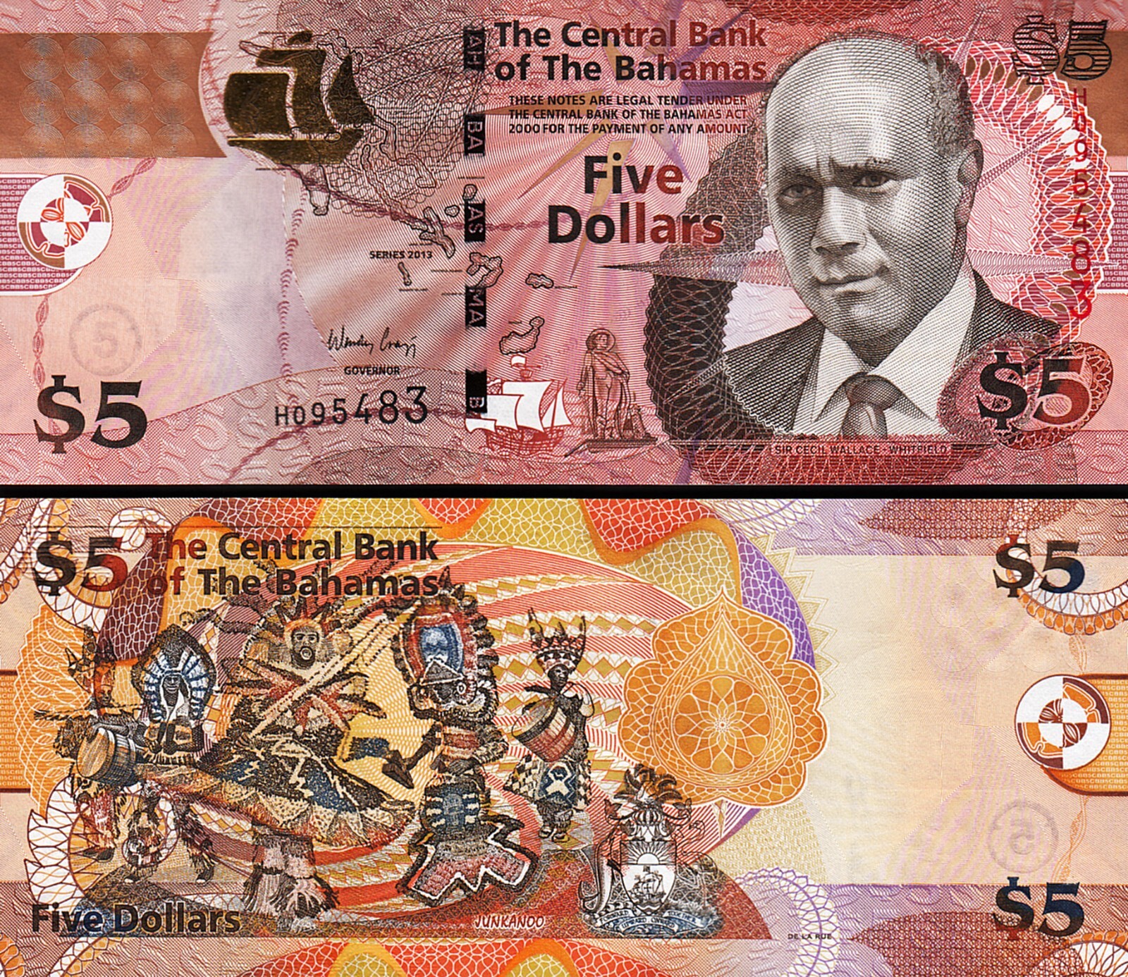 Bahamas 5 Dollars 2013, UNC, P-72b, Printer Thomas De La Rue