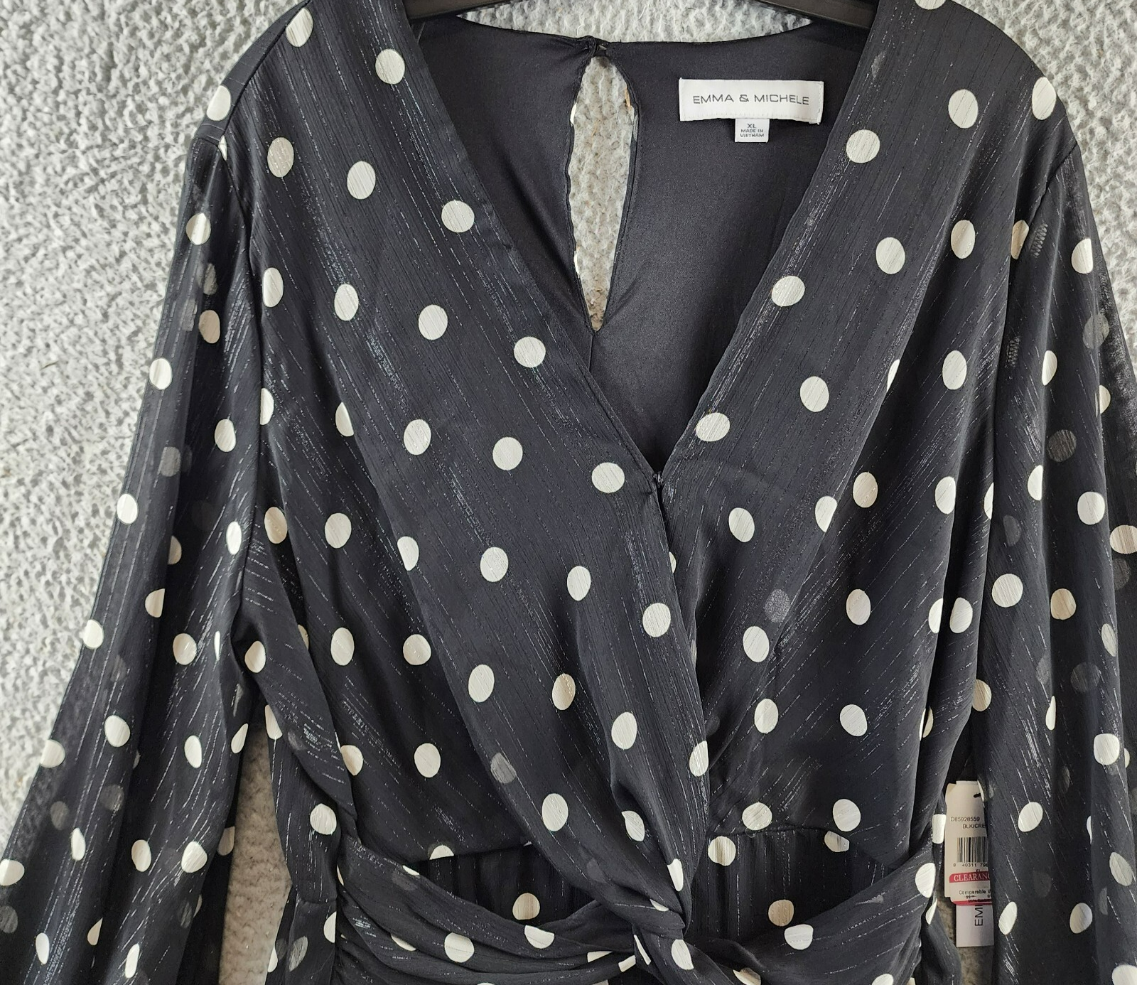Emma & Michelle Faux Wrap Dress Womens XL Black/White Dot Snap Front Button Back - Picture 3 of 13
