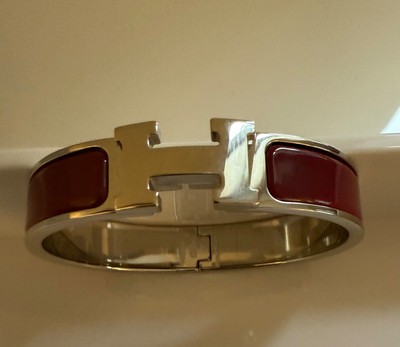 NEW Hermes Clic H Narrow enamel PM bracelet PM size, Rouge de Chine, Palladium