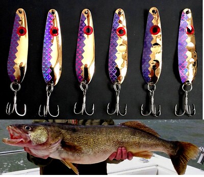(6) GOLD Purple Flash Trolling Flutter Spoons  2 1/4''  Walleye Candy