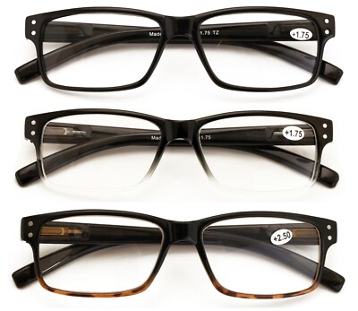 3 Pairs Modern Rectangular Reading Glasses - Spring Hinge Reader - Men Women New