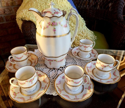 Vintage 12-Pc M.Z. Austria Porcelain Tea Set Gold Accents Vintage 12-Pc M.Z. Austria Porcelain Tea Set Gold Accents