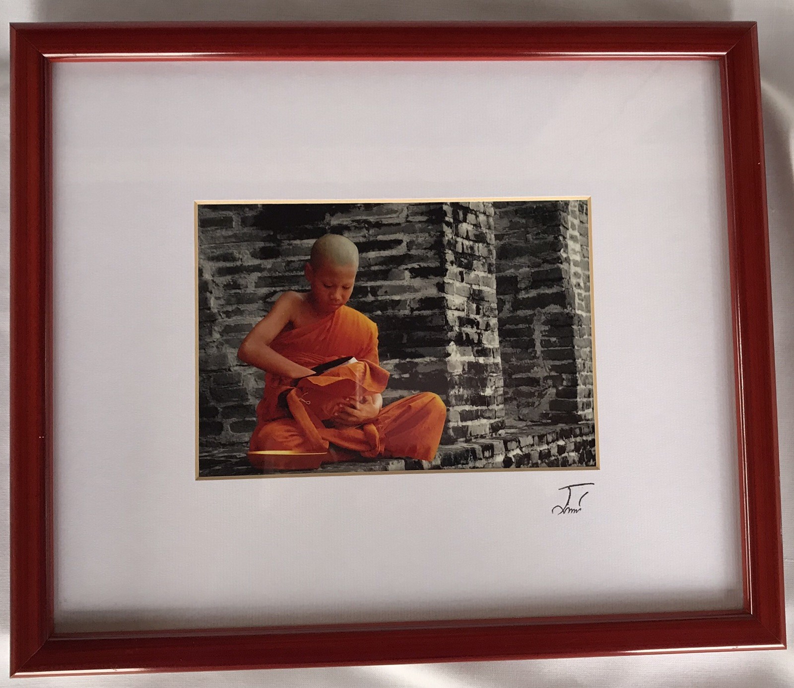 Framed Photograph Thailand Monk Bowl Temple Orange Signed Thai Art Wall Hanging