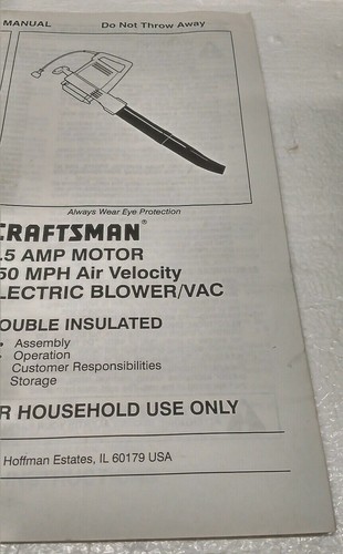 Craftsman 358.798340 Electric Leaf Blower Vac Replacement Operators Manual ONLY