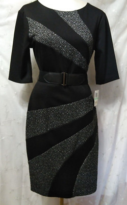 New CONNECTED APPAREL Size 8 Belted Dress Short Sleeve Knit Stretch Retro Multi