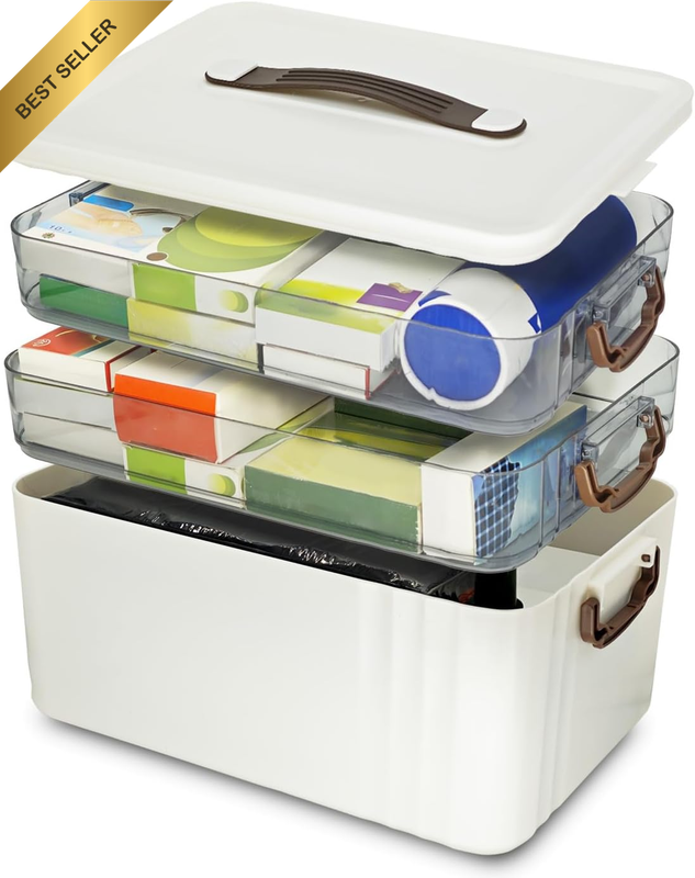 3-Layer Medicine Storage Box, Large Capacity First Aid Organizer with Handle, Mo