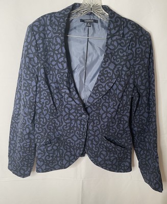 Chadwick s Women s Cotton Blazer One Button Blue W/Black Print Pockets Size 12