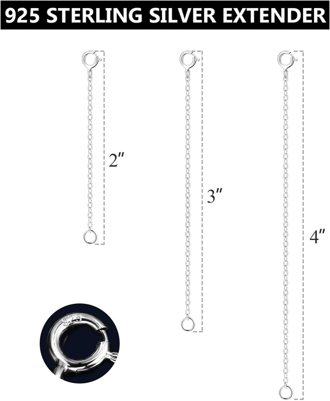 3 Pcs 925 Sterling Silver Necklace Extenders for Women Durable Strong Removable