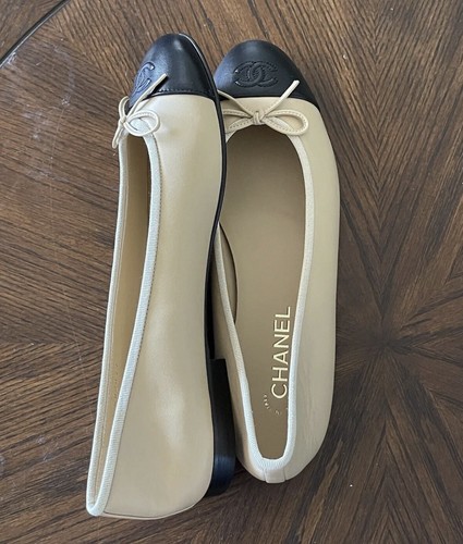 Pre-owned Chanel Beige Lambskin Cap Toe Ballerina Flats Choose Your Size In Black / Beige