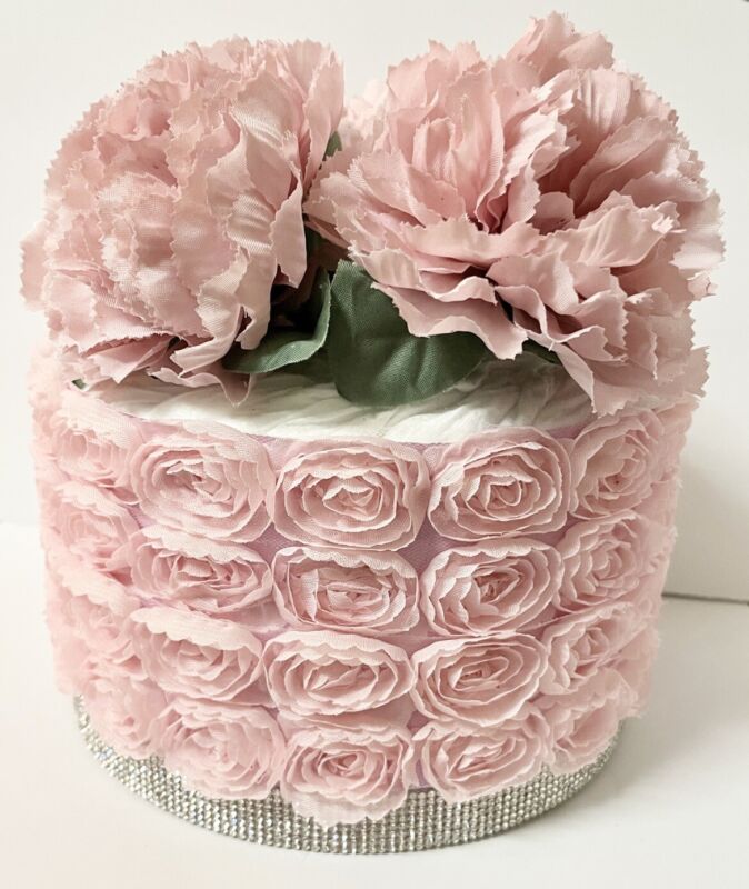 Floral 1 Tier Diaper Cake Pink and Silver Bling Baby Girl Shower Centerpiece