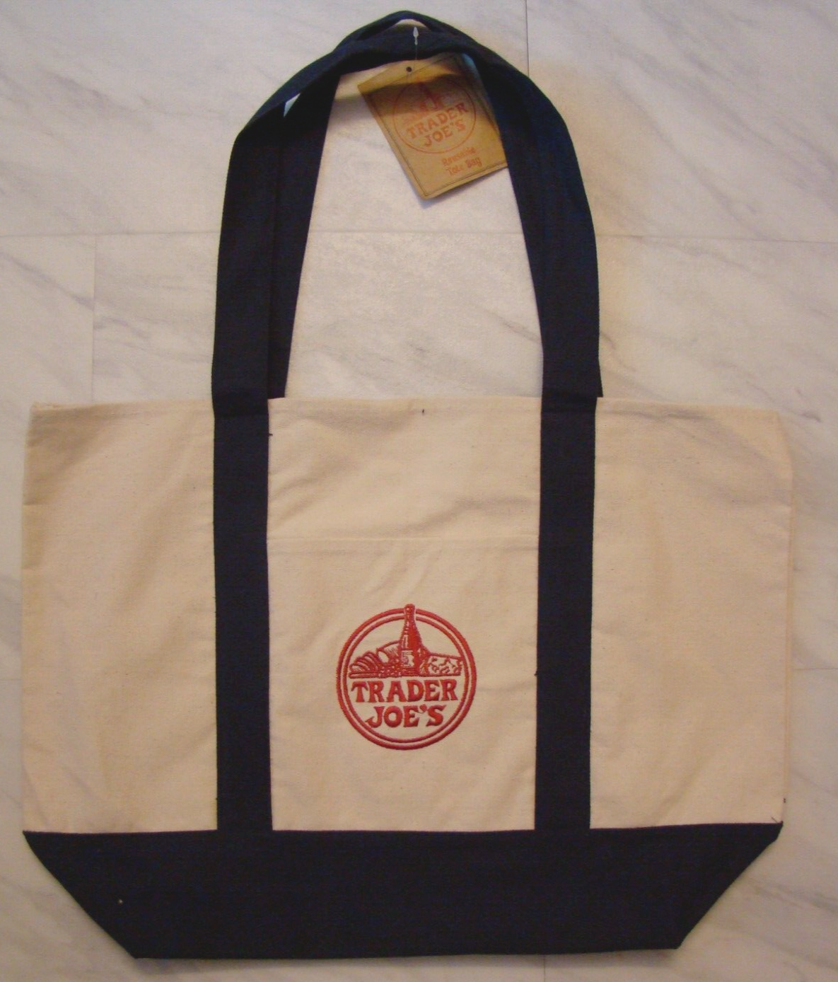 New Trader Joe's Heavy Duty Canvas Blue Red Reusable Shoppin
