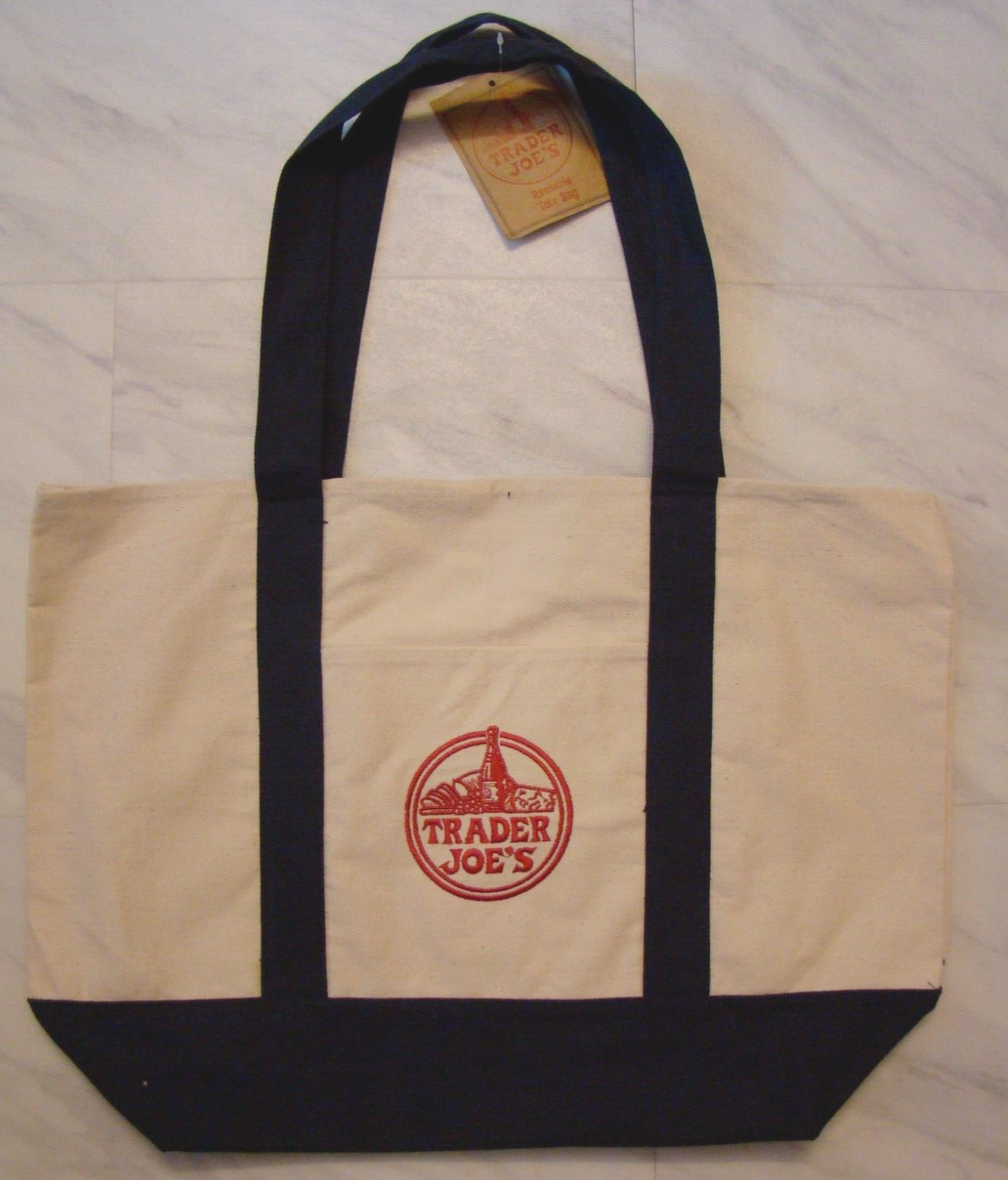 New Trader Joe's Heavy Duty Canvas Blue Red Reusable Shopping Grocery Tote Bag