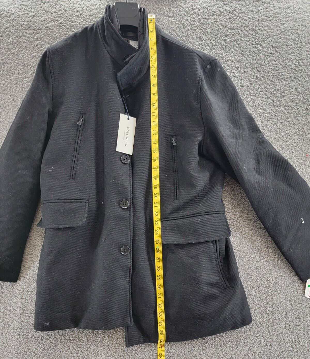 Cole Haan Melton Top Coat Men's L Black Stand Collar Front Zip Closure Back Vent - Picture 6 of 16