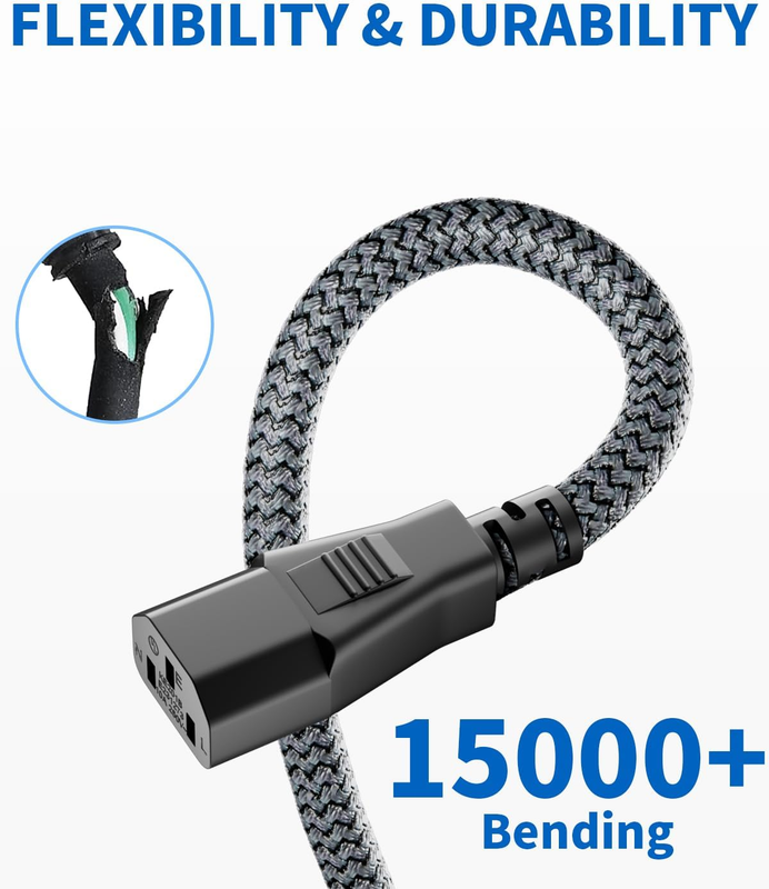 Power Cord, 3.3FT/1M 3 Prong AC Power Cable-Nylon Braided Replacement 3 Pin Powe
