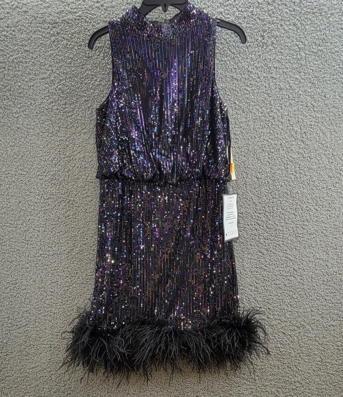 Eliza J Feather-Hem Sequin Dress Women's 10 Black Multi Sleeveless Zip Closure - Picture 2 of 16