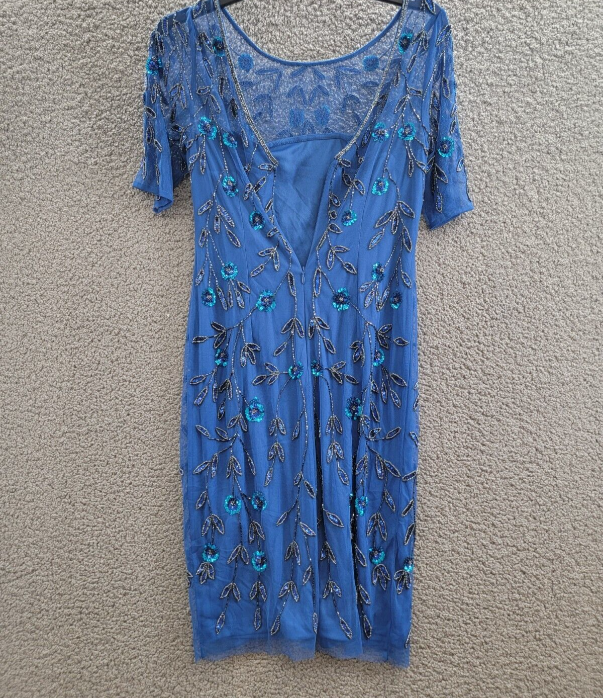 Adrianna Papell 3D Floral Beaded Sheath Dress Women's 2 Blue Back Zip Closure - Picture 12 of 18